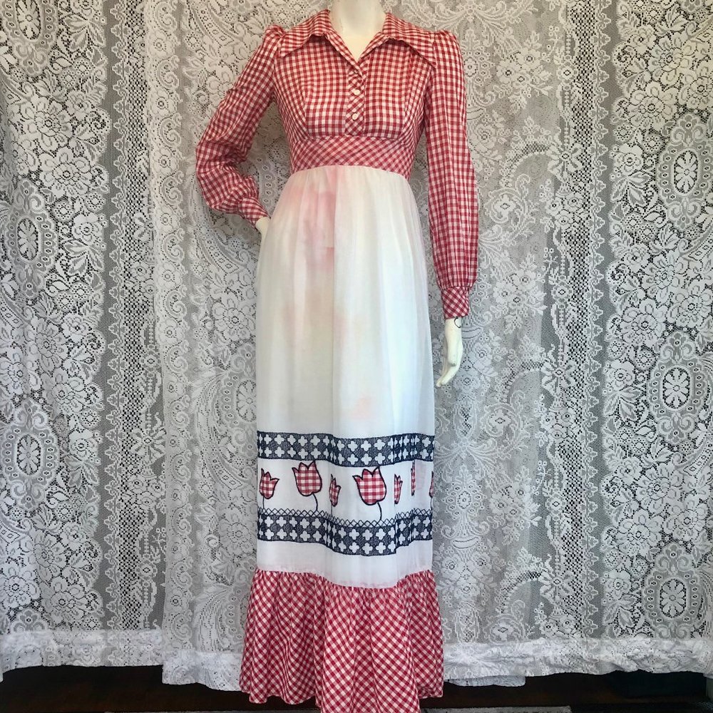 60's Red Gingham Candi Jones California Americana 1960's Long-sleeve dress XS